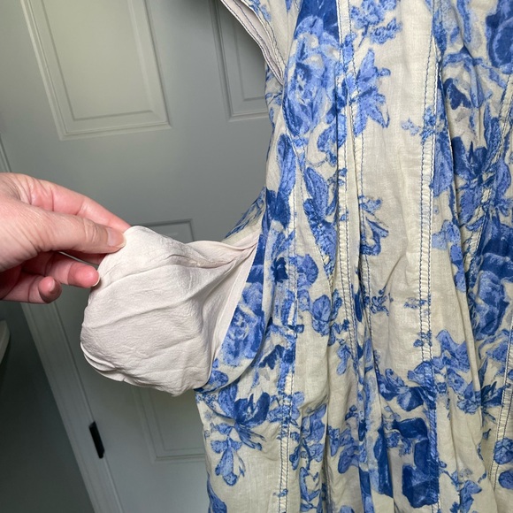 Free People Sully Floral Blue & Cream Babydoll Mini Dress Size M Romantic - Picture 6 of 14